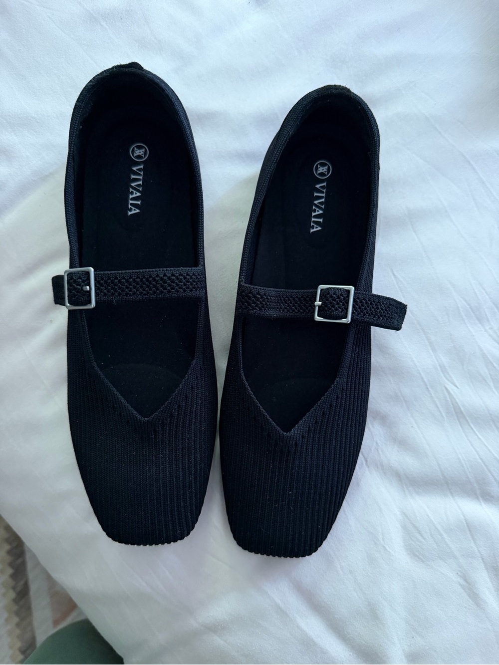 Vivaia Black Knit Mary Jane Flats with Adjustable Strap 38.5